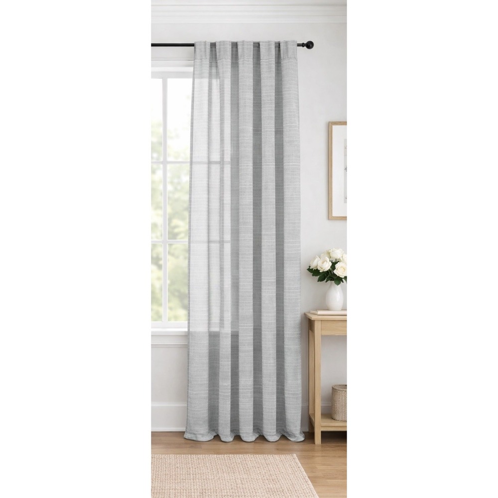 Weavetex Linen Blend Gray Stripe Curtain Panel 54x88 Tab Top Semi Sheer NEW
